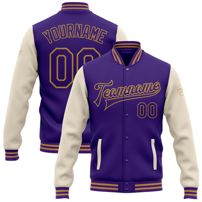 Custom Purple Cream-Old Gold Bomber Full-Snap Varsity Letterman Two Tone Jacket