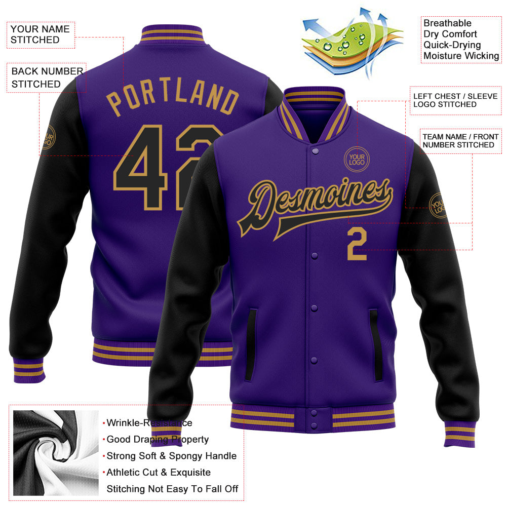 Custom Purple Black-Old Gold Bomber Full-Snap Varsity Letterman Two Tone Jacket