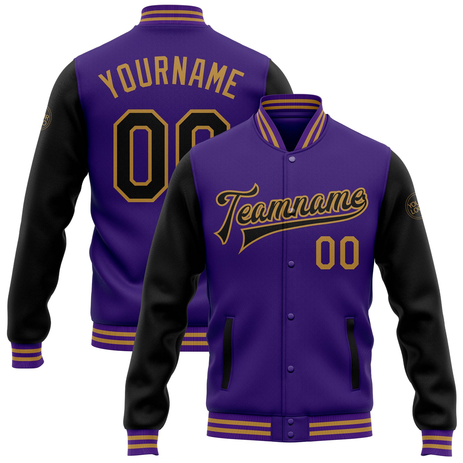 Custom Purple Black-Old Gold Bomber Full-Snap Varsity Letterman Two Tone Jacket