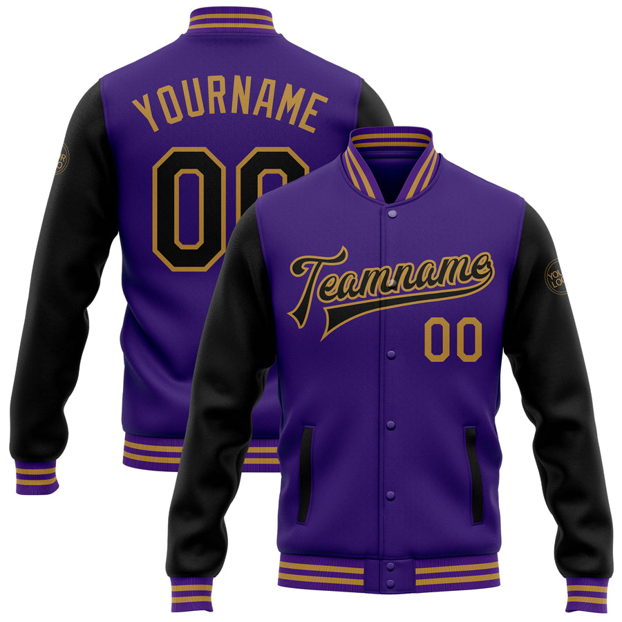 Custom Purple Black-Old Gold Bomber Full-Snap Varsity Letterman Two Tone Jacket