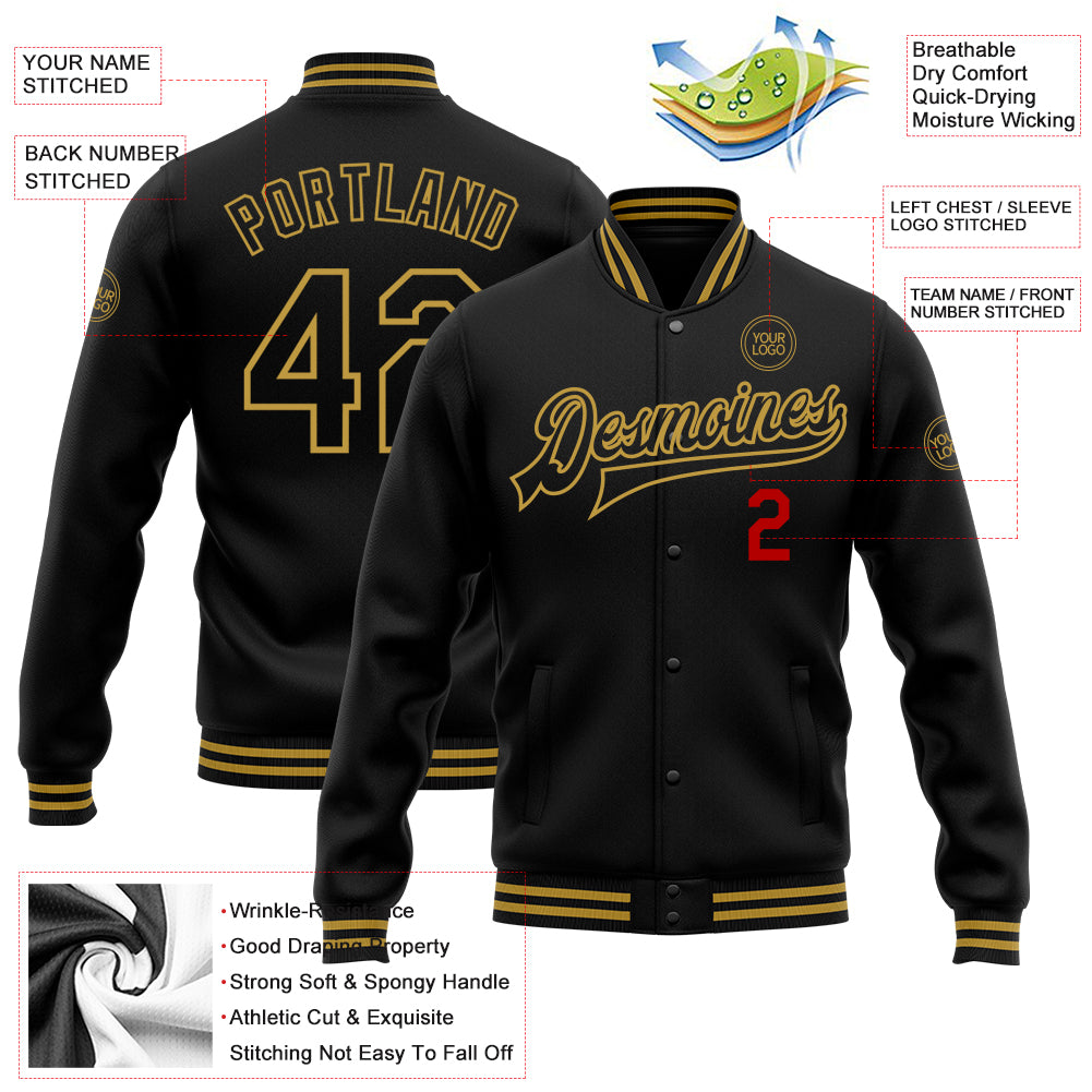 Custom Black Old Gold-Red Bomber Full-Snap Varsity Letterman Jacket