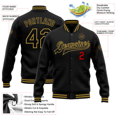 Custom Black Old Gold-Red Bomber Full-Snap Varsity Letterman Jacket