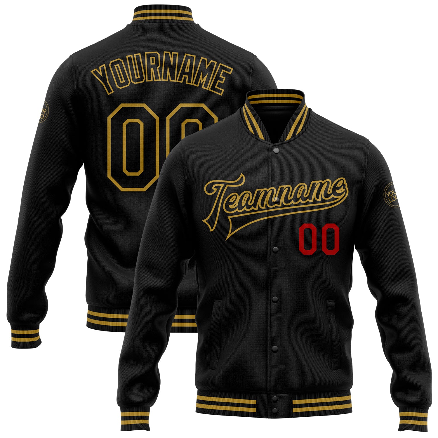 Custom Black Old Gold-Red Bomber Full-Snap Varsity Letterman Jacket