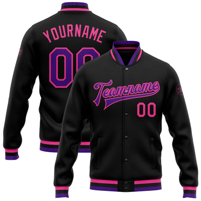 Custom Black Purple-Pink Bomber Full-Snap Varsity Letterman Jacket
