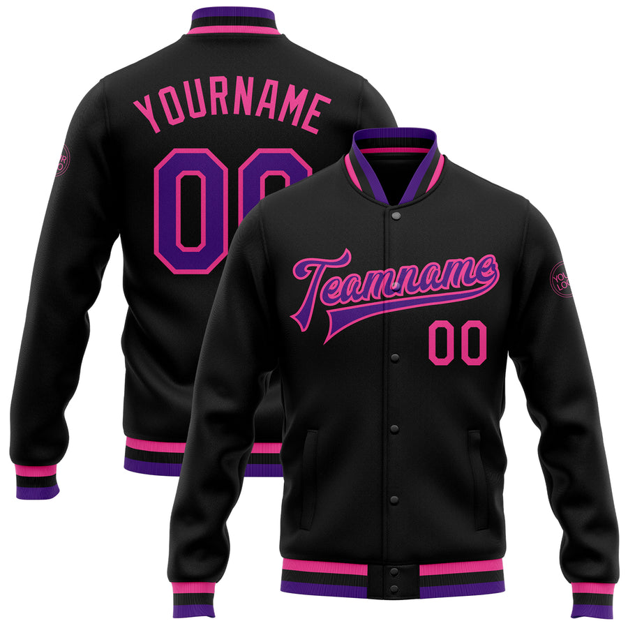 Custom Black Purple-Pink Bomber Full-Snap Varsity Letterman Jacket