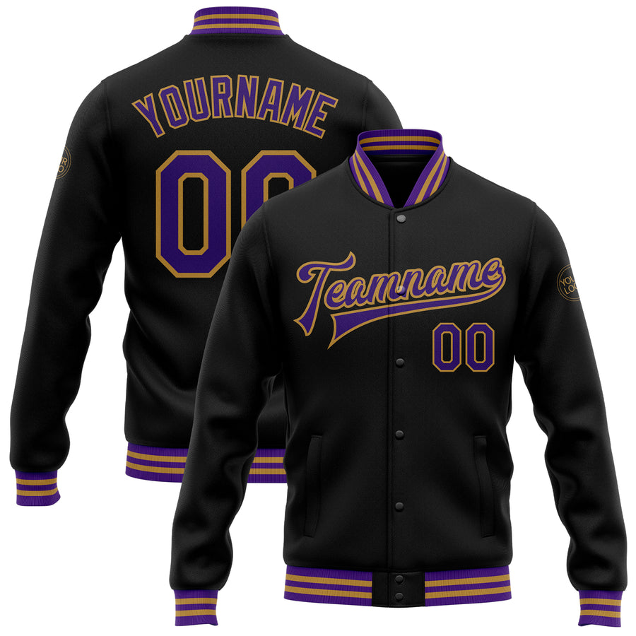 Custom Black Purple-Old Gold Bomber Full-Snap Varsity Letterman Jacket