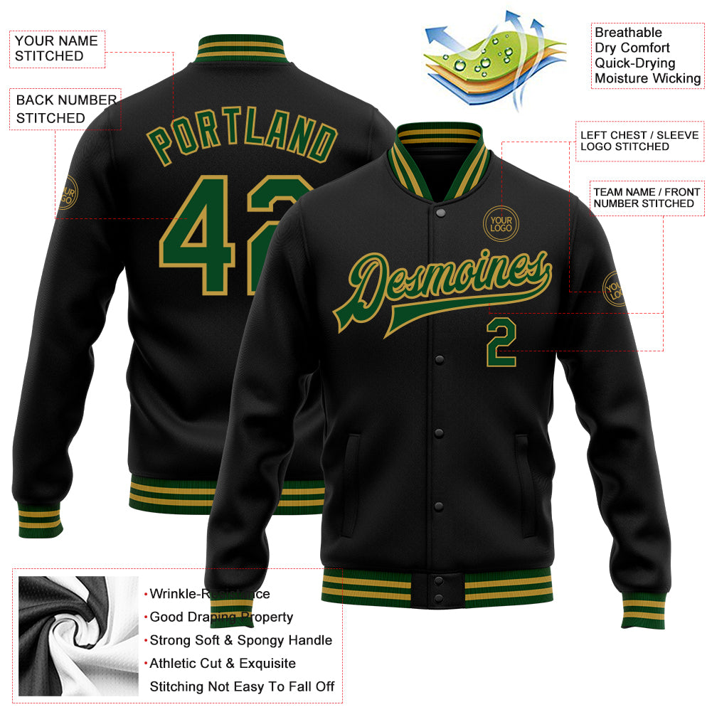 Custom Black Green-Old Gold Bomber Full-Snap Varsity Letterman Jacket