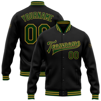 Custom Black Green-Old Gold Bomber Full-Snap Varsity Letterman Jacket