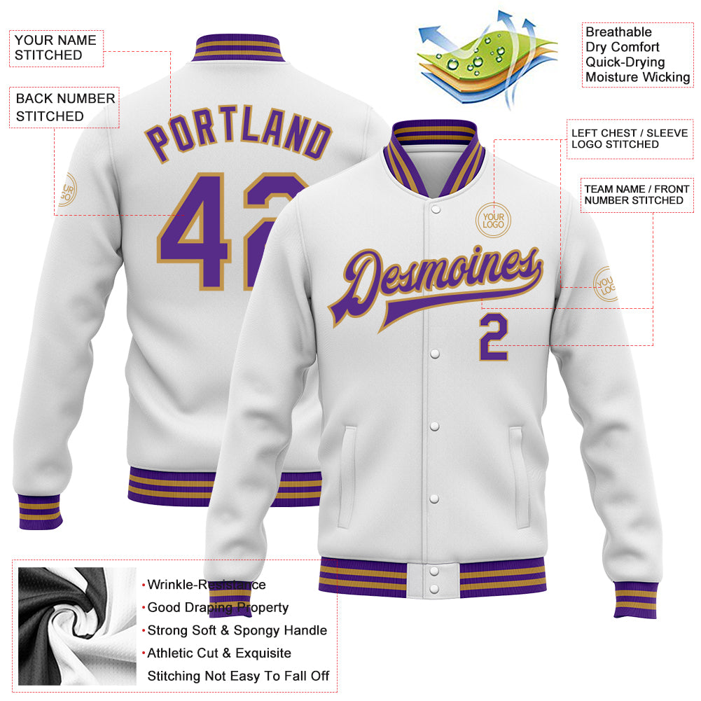 Custom White Purple-Old Gold Bomber Full-Snap Varsity Letterman Jacket