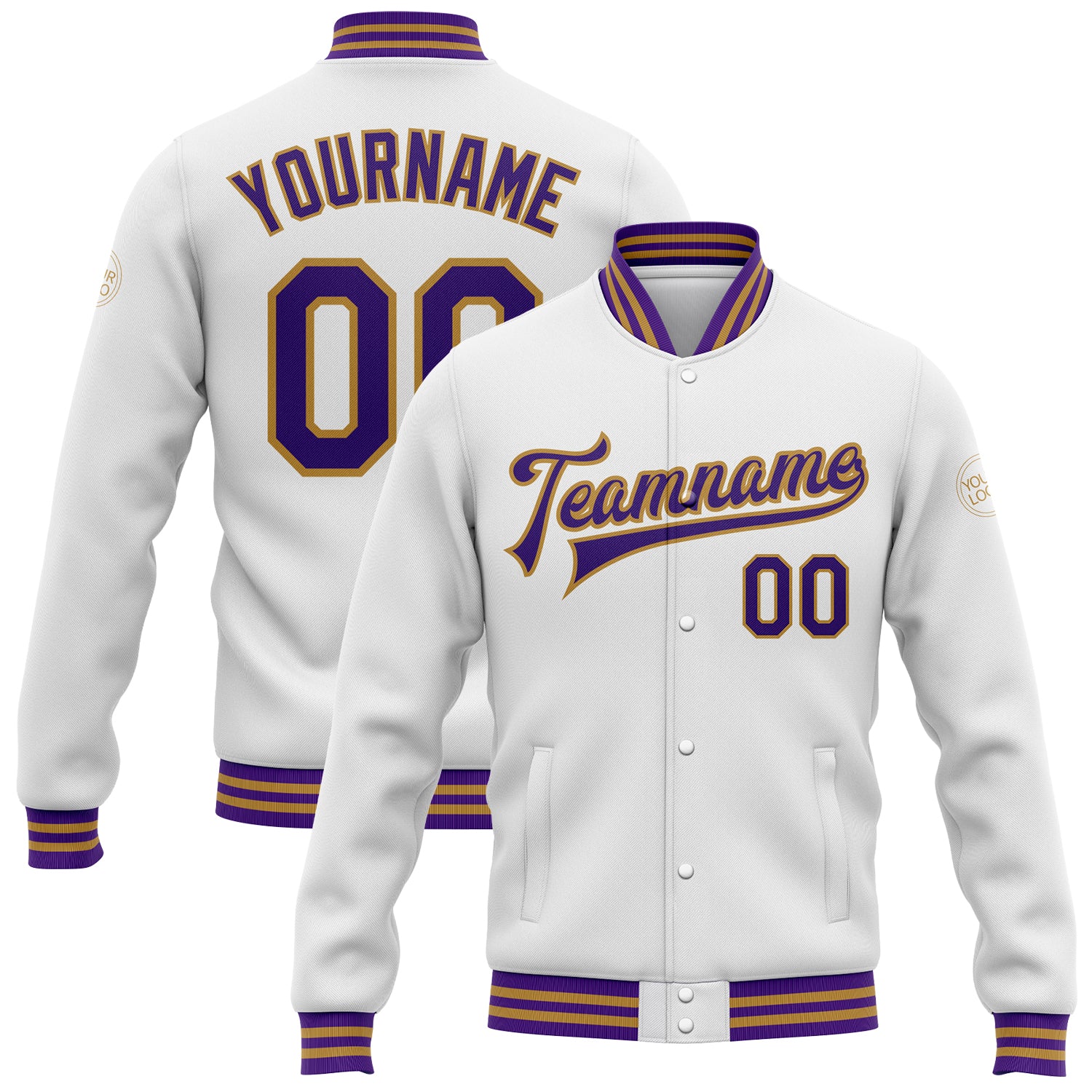 Custom White Purple-Old Gold Bomber Full-Snap Varsity Letterman Jacket