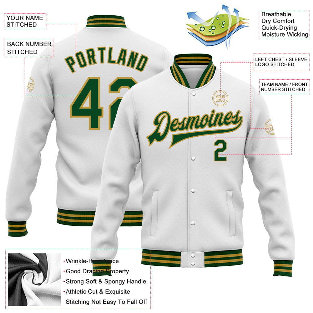 Custom White Green-Old Gold Bomber Full-Snap Varsity Letterman Jacket