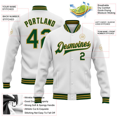 Custom White Green-Old Gold Bomber Full-Snap Varsity Letterman Jacket