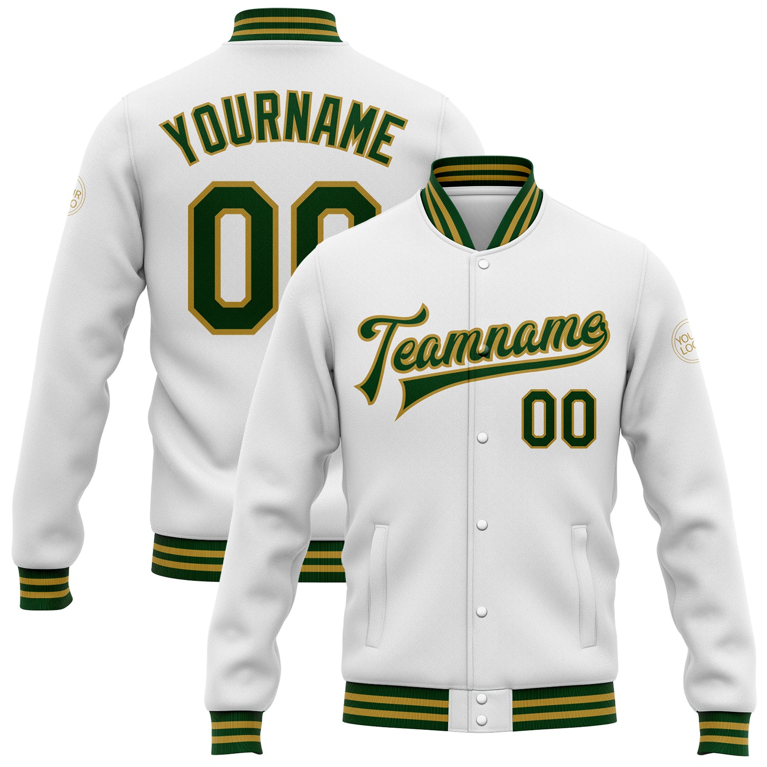 Custom White Green-Old Gold Bomber Full-Snap Varsity Letterman Jacket