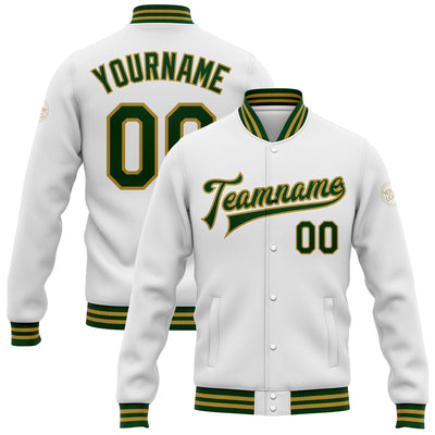 Custom White Green-Old Gold Bomber Full-Snap Varsity Letterman Jacket