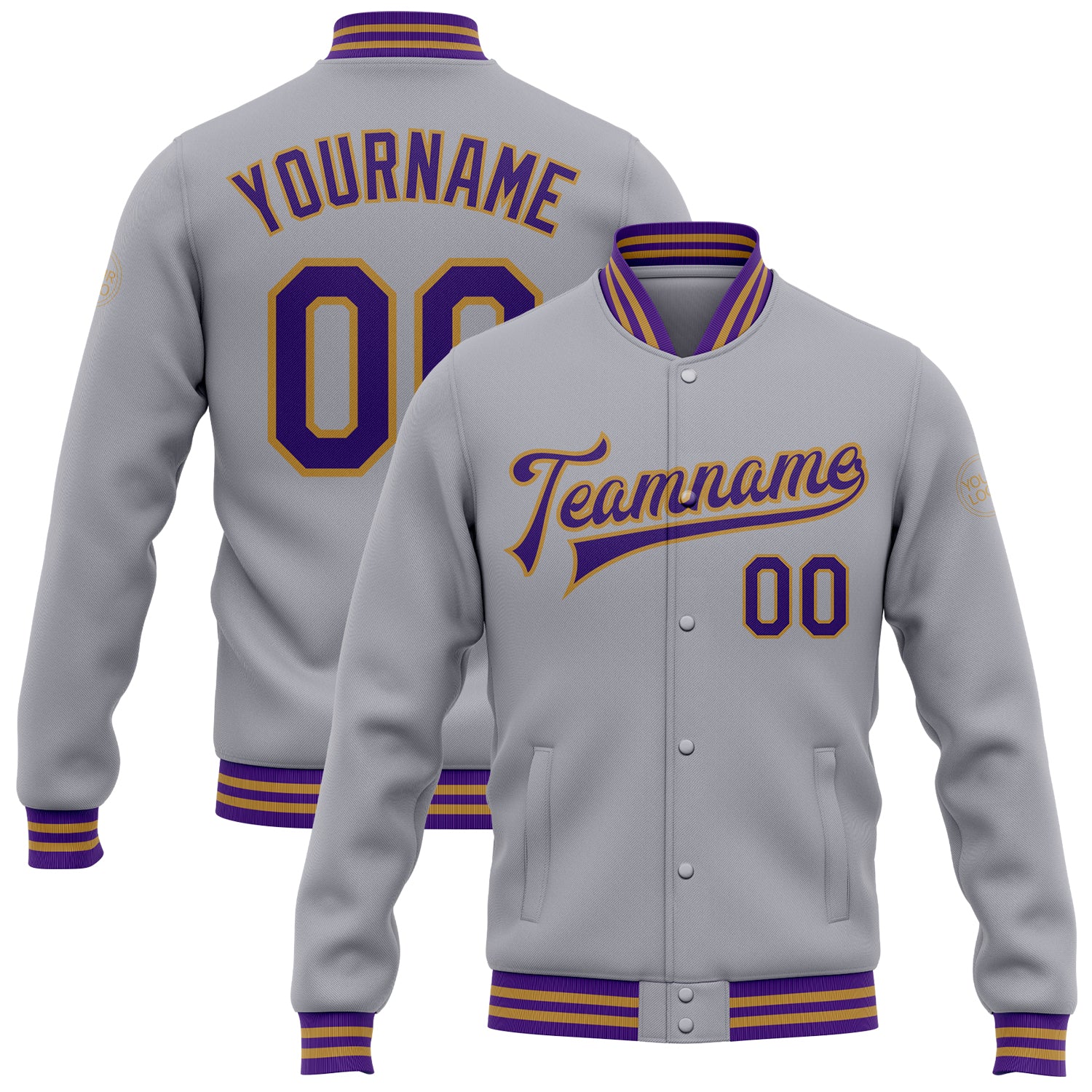 Custom Gray Purple-Old Gold Bomber Full-Snap Varsity Letterman Jacket