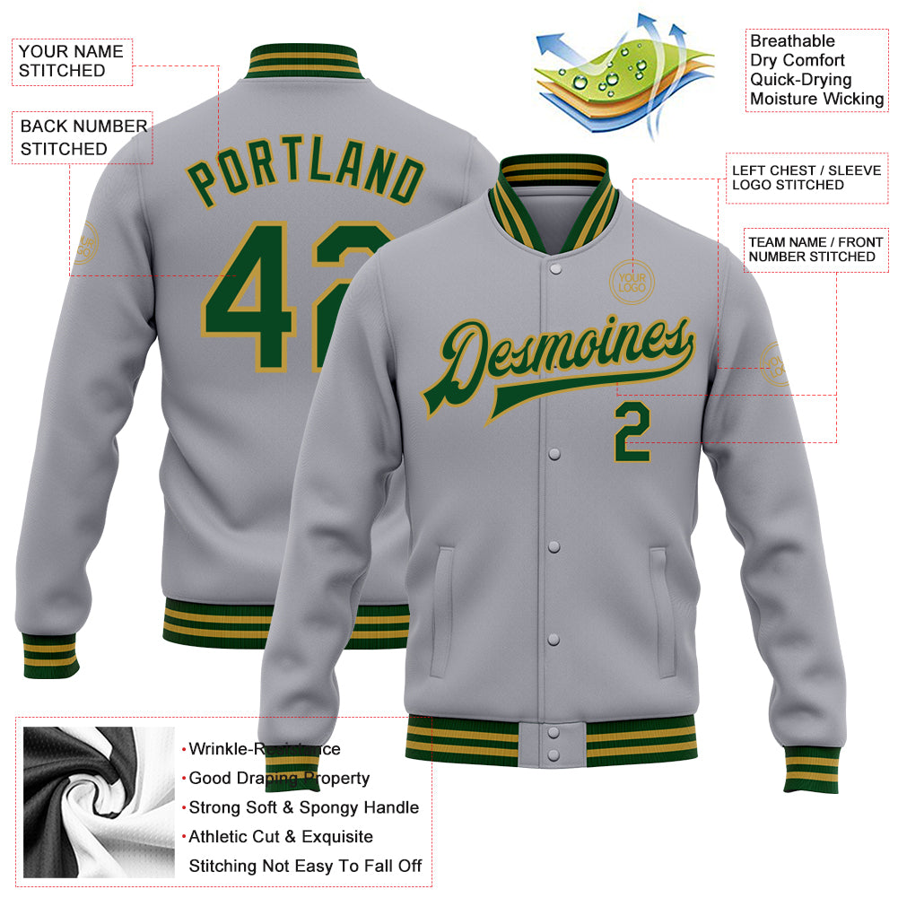 Custom Gray Green-Old Gold Bomber Full-Snap Varsity Letterman Jacket