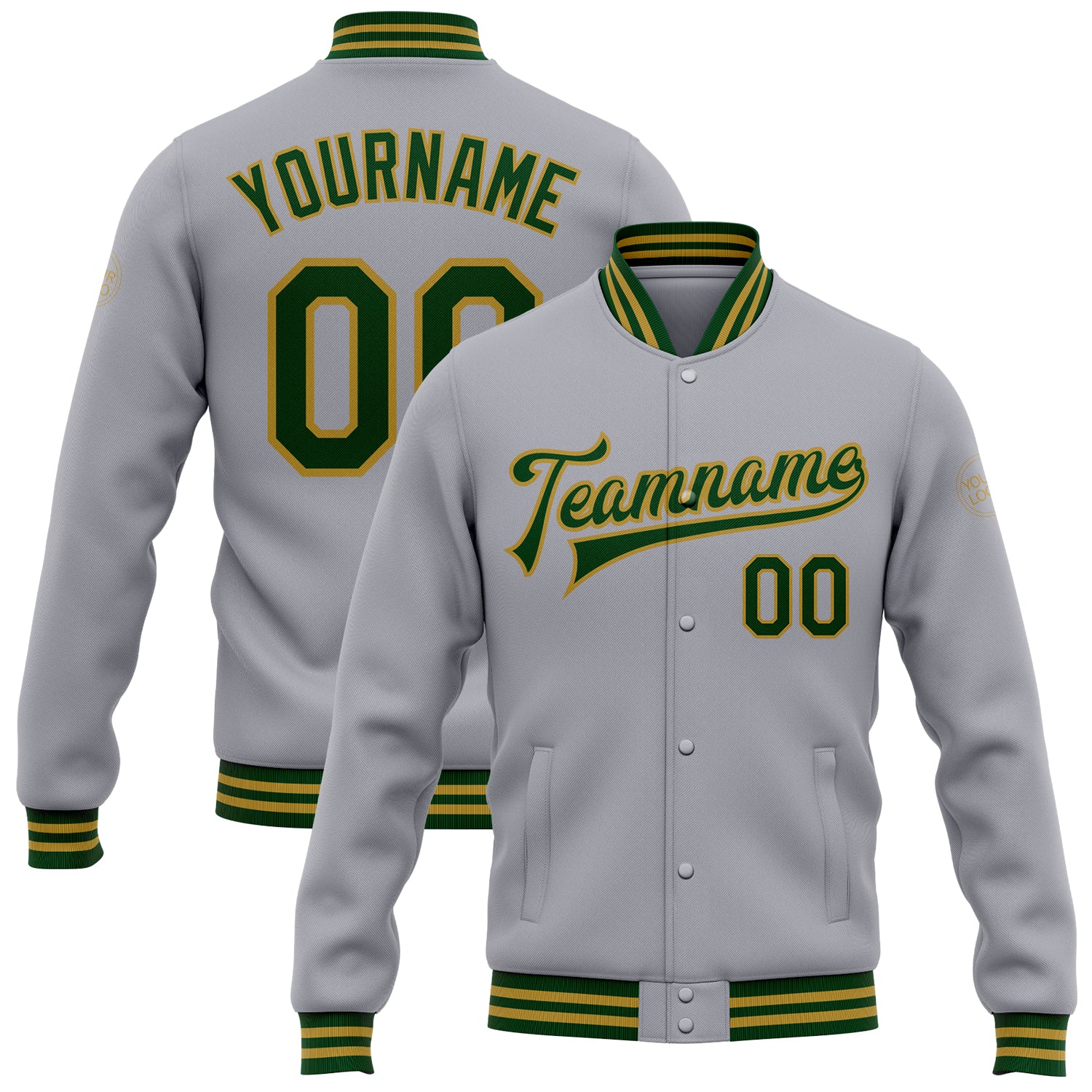 Custom Gray Green-Old Gold Bomber Full-Snap Varsity Letterman Jacket