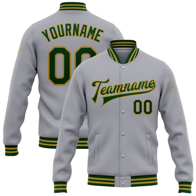 Custom Gray Green-Old Gold Bomber Full-Snap Varsity Letterman Jacket