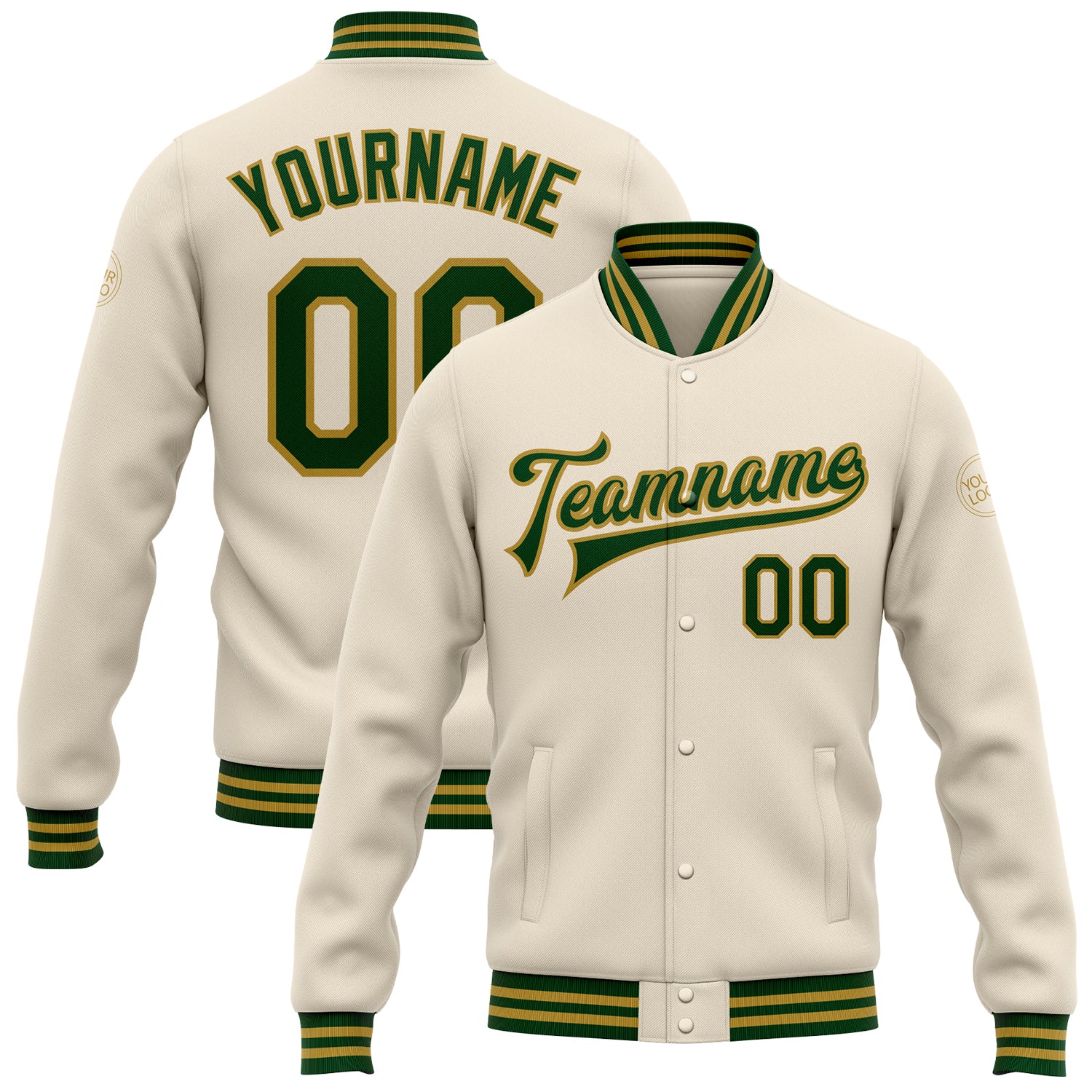 Custom Cream Green-Old Gold Bomber Full-Snap Varsity Letterman Jacket