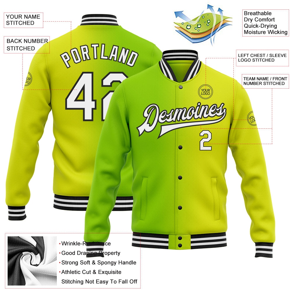 Custom Neon Yellow White Neon Green-Black Bomber Full-Snap Varsity Letterman Gradient Fashion Jacket