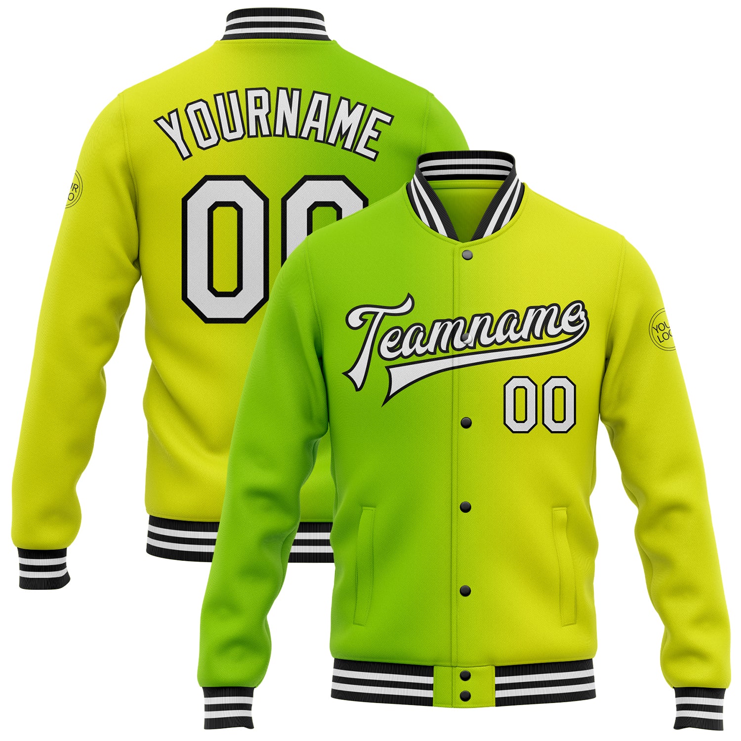 Custom Neon Yellow White Neon Green-Black Bomber Full-Snap Varsity Letterman Gradient Fashion Jacket