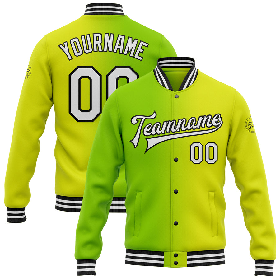 Custom Neon Yellow White Neon Green-Black Bomber Full-Snap Varsity Letterman Gradient Fashion Jacket