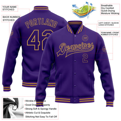 Custom Purple Old Gold Bomber Full-Snap Varsity Letterman Jacket