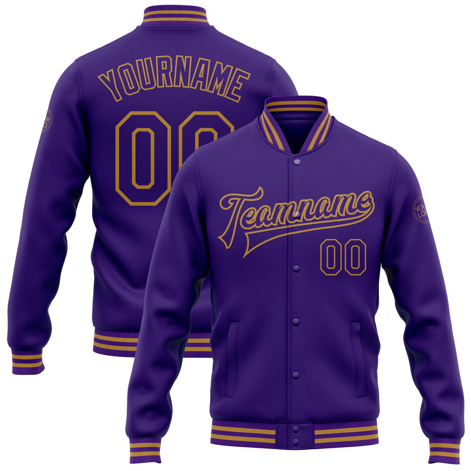 Custom Purple Old Gold Bomber Full-Snap Varsity Letterman Jacket