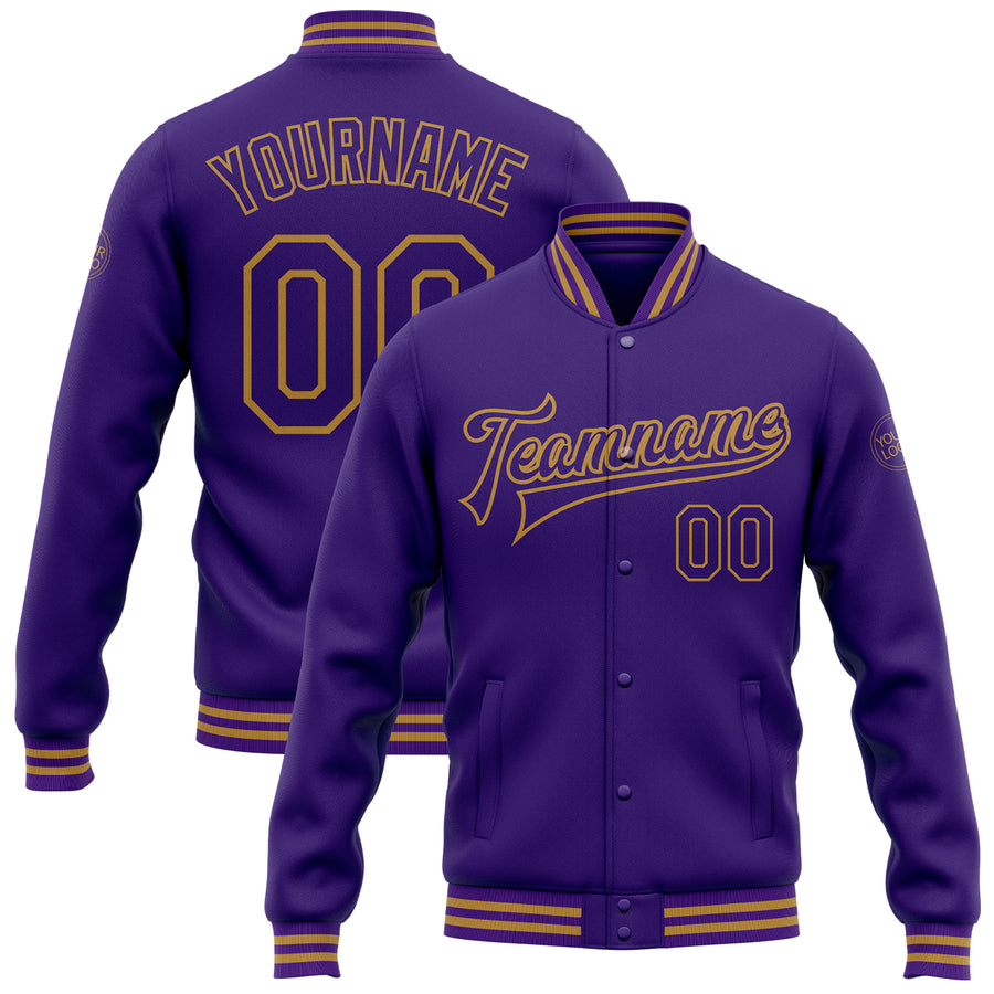 Custom Purple Old Gold Bomber Full-Snap Varsity Letterman Jacket