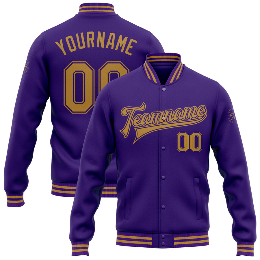 Custom Purple Old Gold Bomber Full-Snap Varsity Letterman Jacket