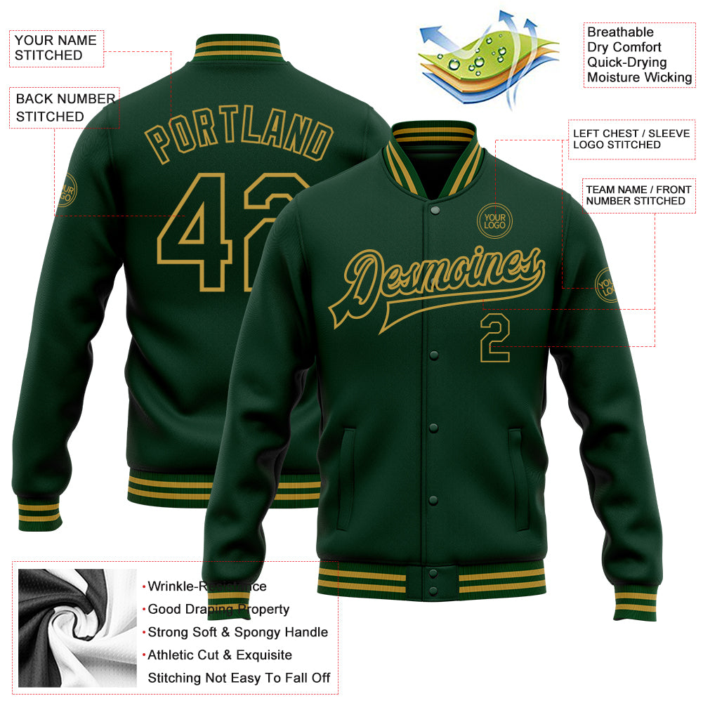 Custom Green Old Gold Bomber Full-Snap Varsity Letterman Jacket