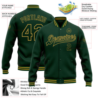 Custom Green Old Gold Bomber Full-Snap Varsity Letterman Jacket