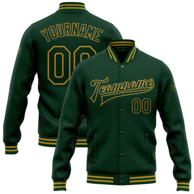 Custom Green Old Gold Bomber Full-Snap Varsity Letterman Jacket
