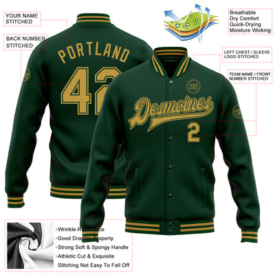 Custom Green Old Gold Bomber Full-Snap Varsity Letterman Jacket