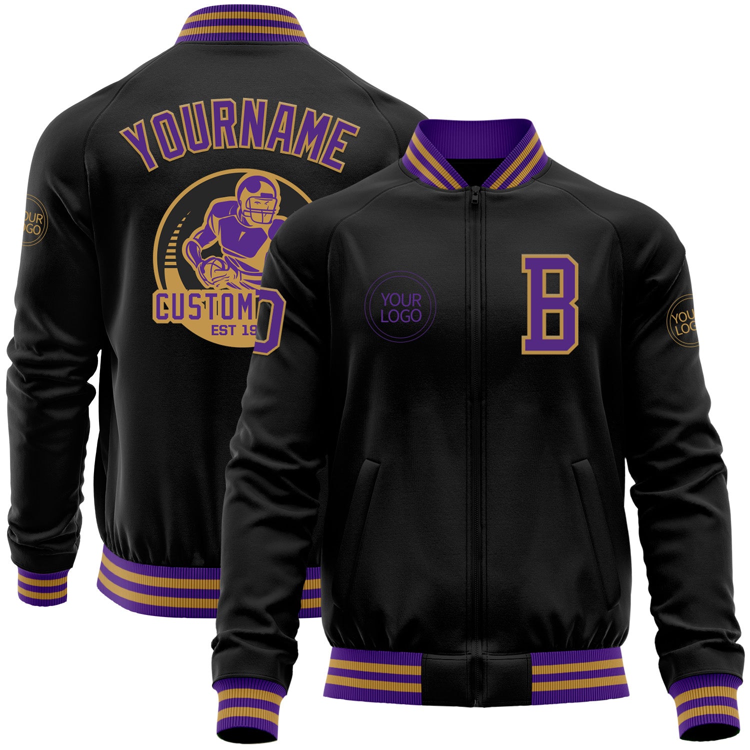 Custom Black Purple-Old Gold Bomber Varsity Letterman Zipper Jacket