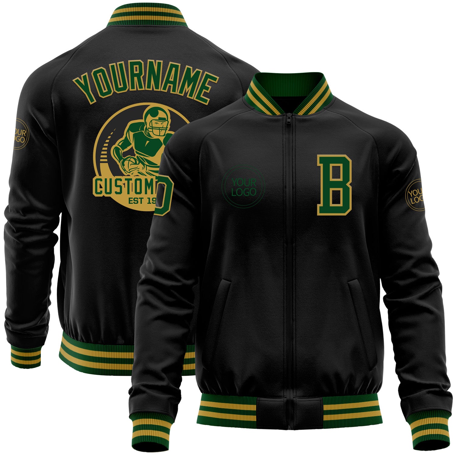 Custom Black Green-Old Gold Bomber Varsity Letterman Zipper Jacket