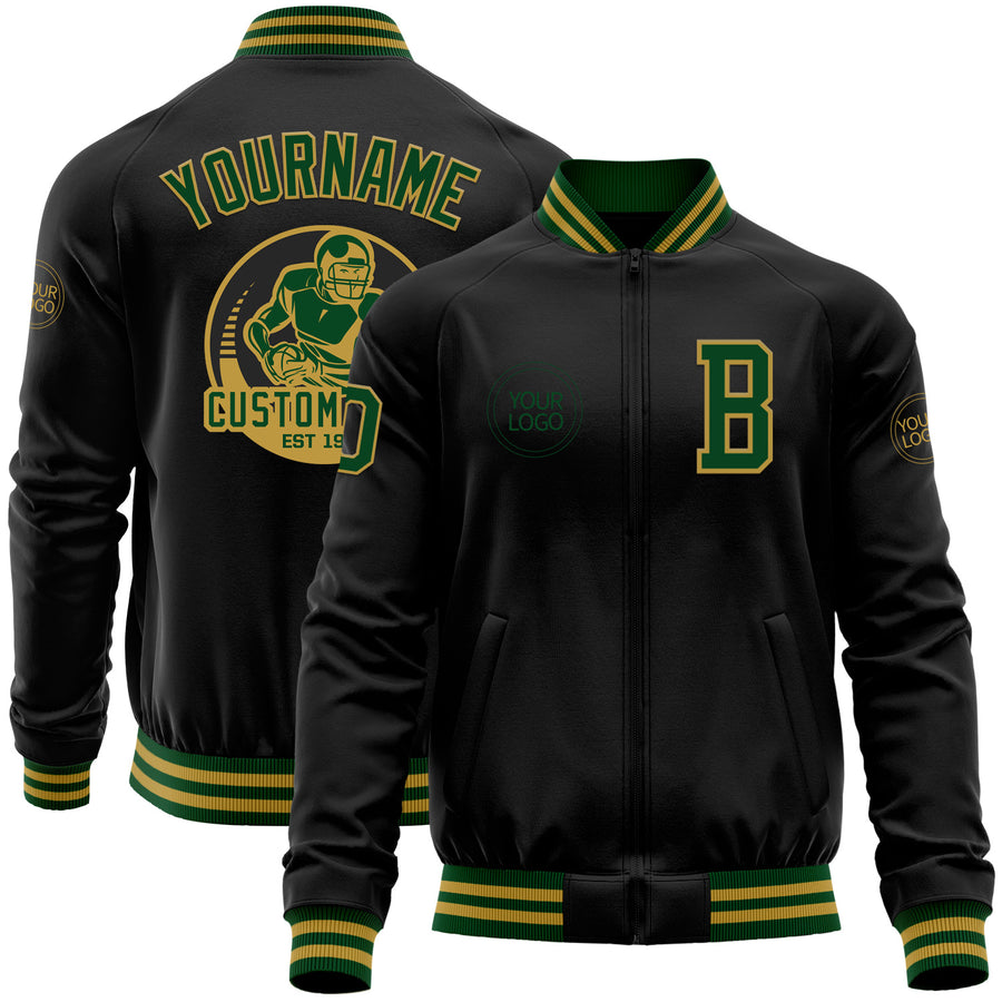 Custom Black Green-Old Gold Bomber Varsity Letterman Zipper Jacket