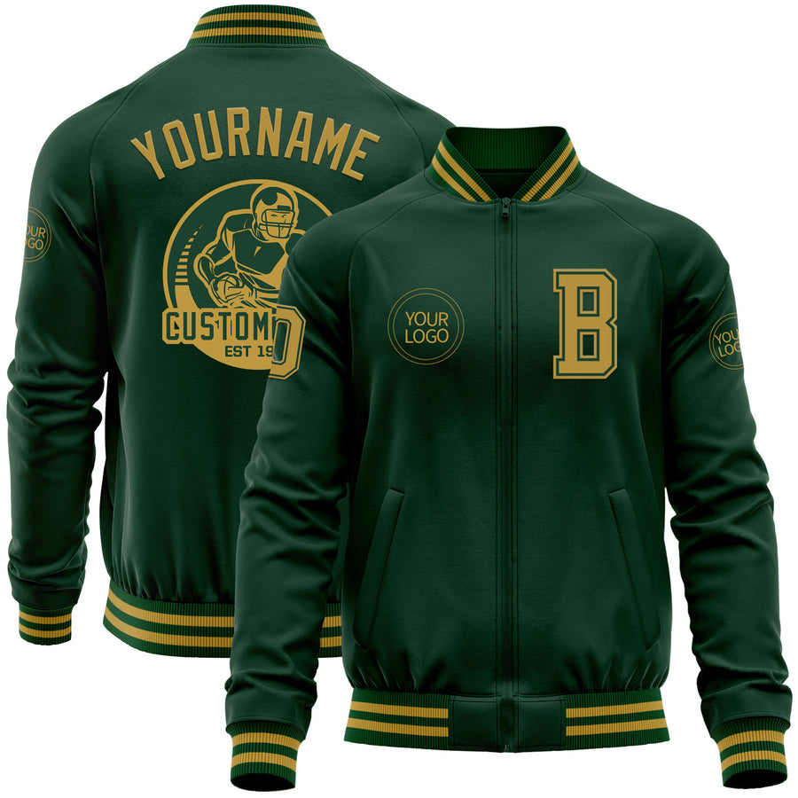 Custom Green Old Gold Bomber Varsity Letterman Zipper Jacket