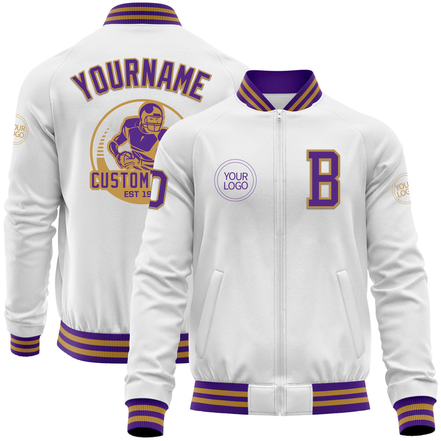 Custom White Purple-Old Gold Bomber Varsity Letterman Zipper Jacket