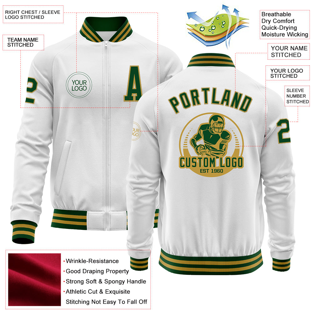 Custom White Green-Old Gold Bomber Varsity Letterman Zipper Jacket