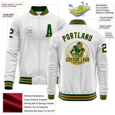 Custom White Green-Old Gold Bomber Varsity Letterman Zipper Jacket