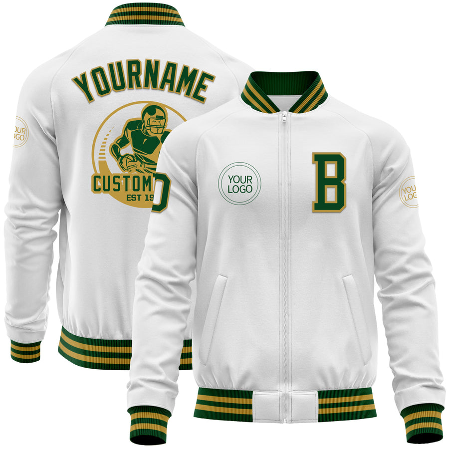 Custom White Green-Old Gold Bomber Varsity Letterman Zipper Jacket