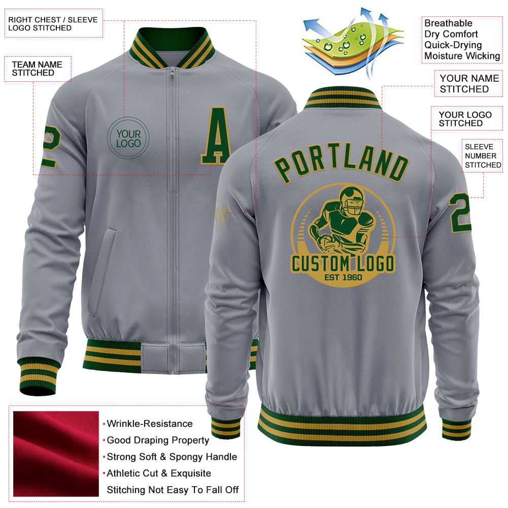 Custom Gray Green-Old Gold Bomber Varsity Letterman Zipper Jacket