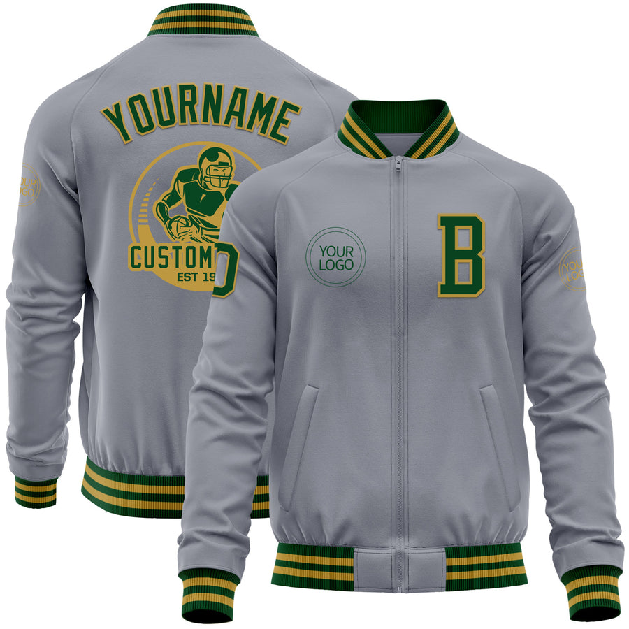 Custom Gray Green-Old Gold Bomber Varsity Letterman Zipper Jacket