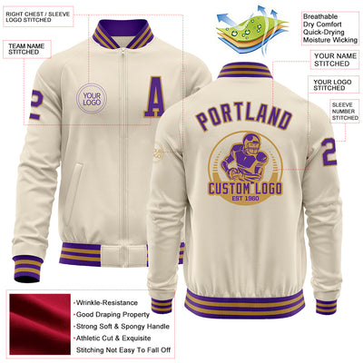 Custom Cream Purple-Old Gold Bomber Varsity Letterman Zipper Jacket