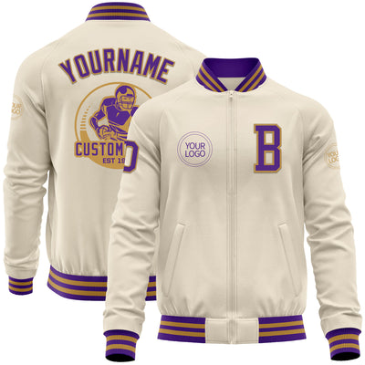 Custom Cream Purple-Old Gold Bomber Varsity Letterman Zipper Jacket