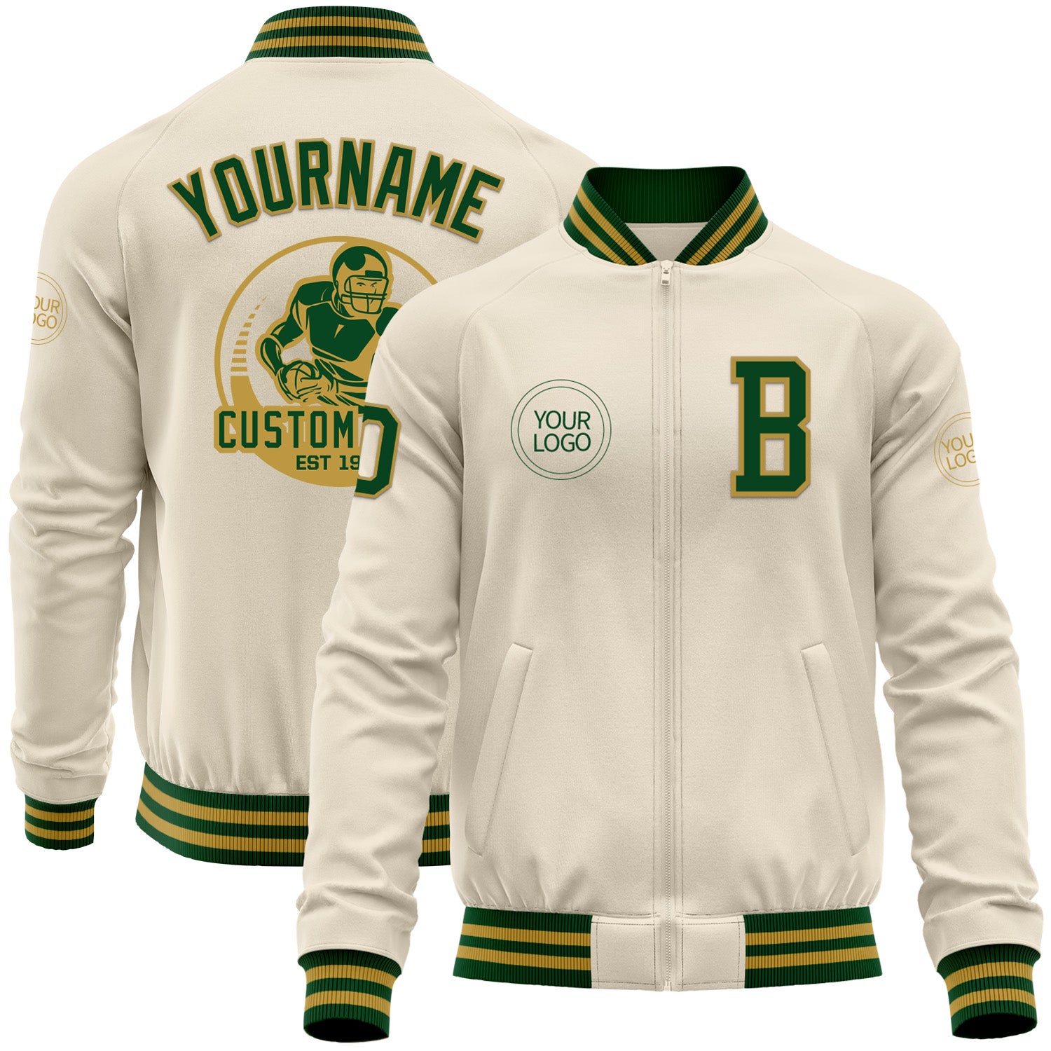 Custom Cream Green-Old Gold Bomber Varsity Letterman Zipper Jacket