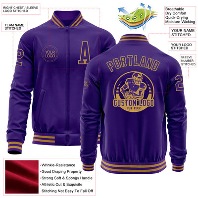 Custom Purple Old Gold Bomber Varsity Letterman Zipper Jacket