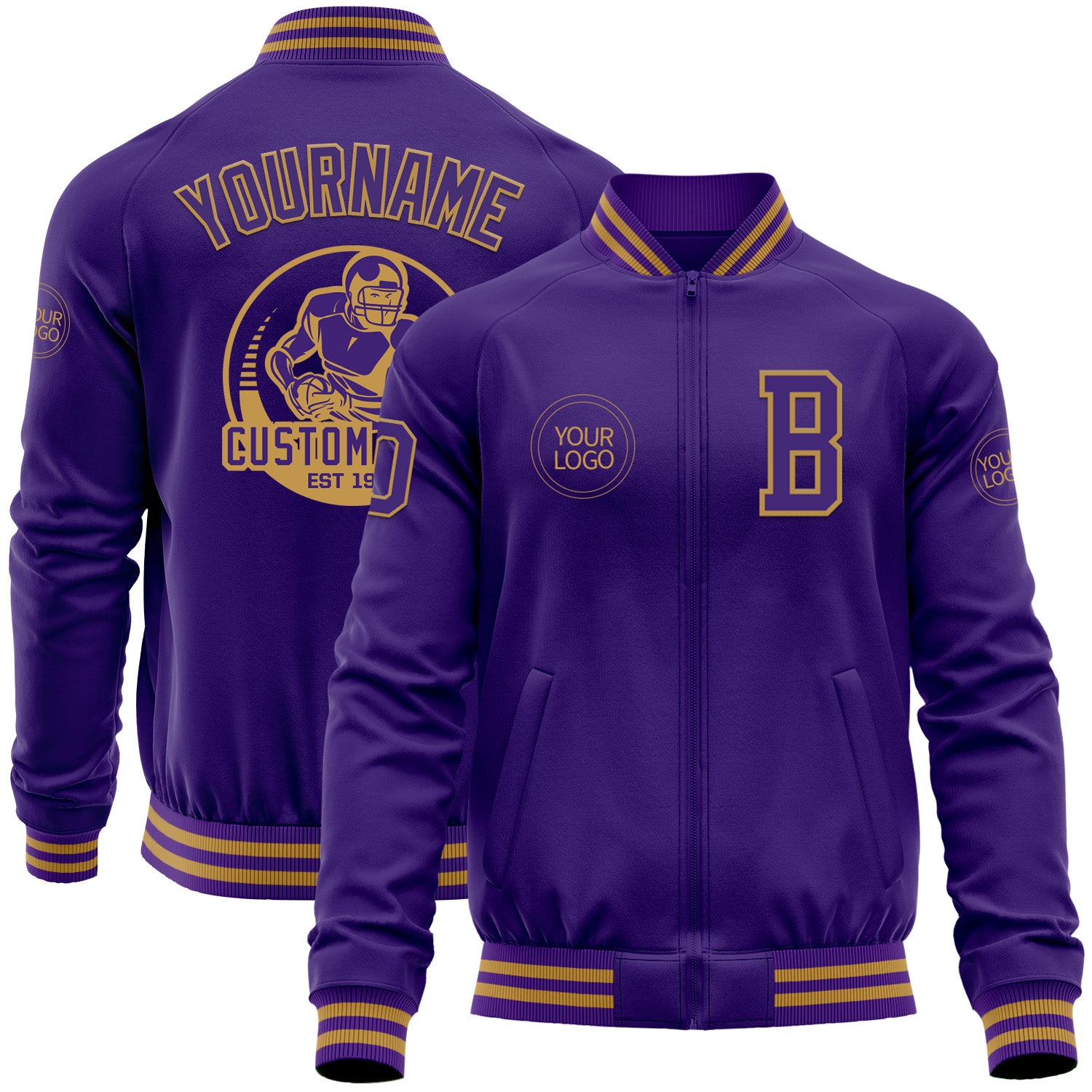 Custom Purple Old Gold Bomber Varsity Letterman Zipper Jacket