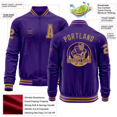 Custom Purple Old Gold Bomber Varsity Letterman Zipper Jacket